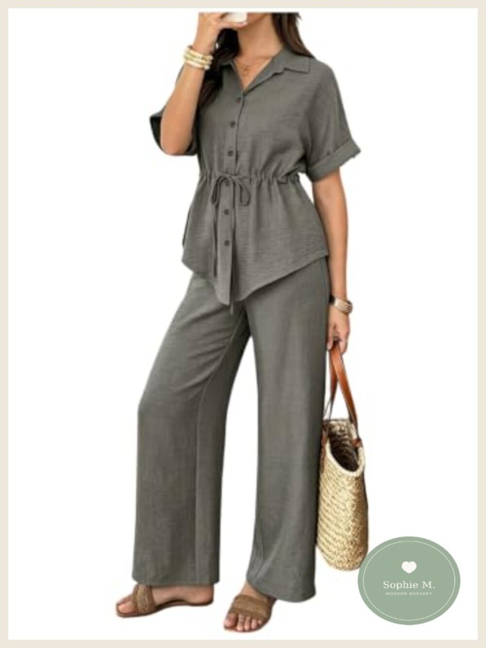2 Piece Wide Leg Pant Suit Set Button Down Shirt Polyester Machine Wash Adult